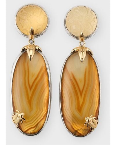 Stephen Dweck Hand Carved Moonstone Natural Quartz Agate And Champagne Diamond Earrings - Yellow