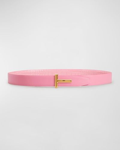 Tom Ford T Buckle Croc-Embossed Patent Belt - Pink