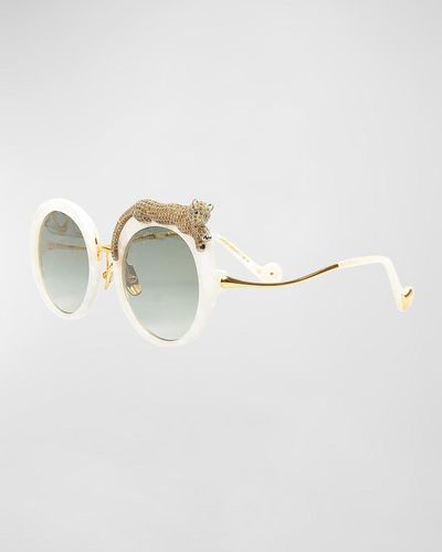Anna Karin Karlsson Rose Et La Roue Round Crystal-embellished Leopard Sunglasses - White