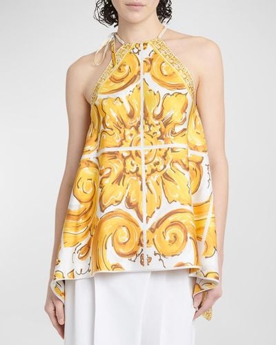 Dolce & Gabbana Silk Twill Brocade Print Top With Tie Neck - Yellow