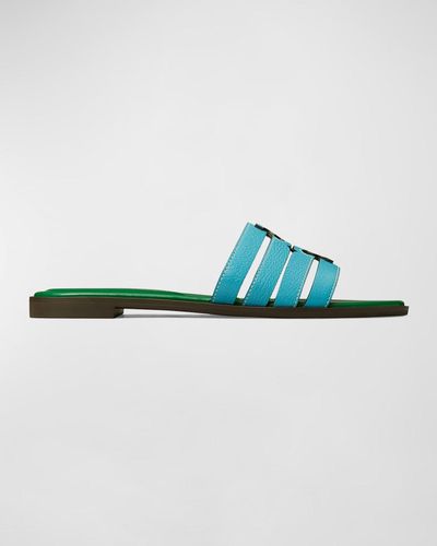 Tory Burch Ines Caged Leather Flat Slide Sandals - Blue