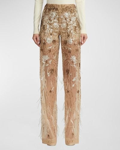 Ralph Lauren Collection High-Rise Feather Embellished Sheer Straight-Leg Pants - Natural