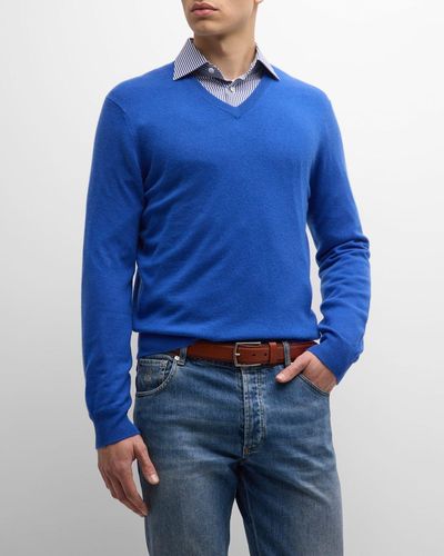 Neiman Marcus Cashmere V-Neck Sweater - Blue
