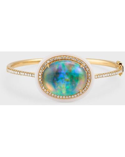 David Kord 18k Yellow Gold Bangle With Oval Opal, Diamonds And White Frame - Blue