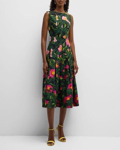 Oscar de la Renta Camellias-Print Pleated Poplin Fit-&-Flare Midi Dress - Multicolor