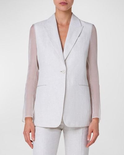 Akris Tiziano Linen Blazer Jacket With Organza Sleeves - White