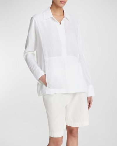 Vince Kangaroo Pocket Long-Sleeve Linen Pullover Top - White