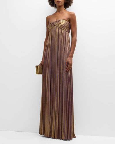 retroféte Lyanna Pleated Lamé Strapless Empire Dress - Brown