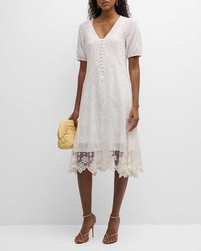 Johnny Was Isabelle Embroidered Lace-Trim Midi Dress - White