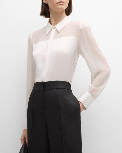 MILLY Andy Sheer-Panel Button-Down Satin Blouse - White