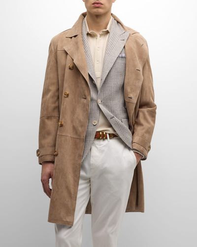 Brunello Cucinelli Suede Double-Breasted Trench Coat - Natural