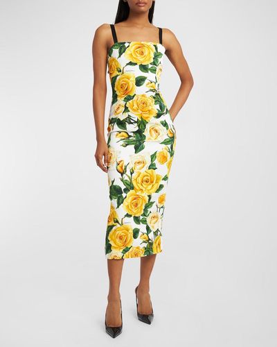 Dolce & Gabbana Rose-Print Sleeveless Charmeuse Midi Dress - Yellow