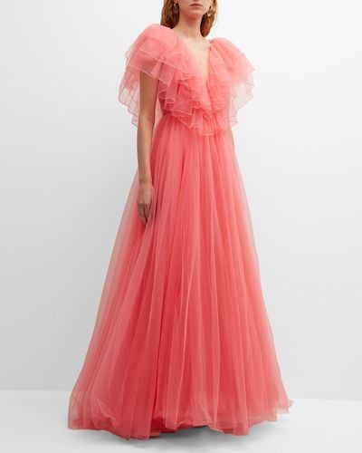 Jenny Packham Ibis Embellished Tiered Ruffle Plunging Gown - Pink
