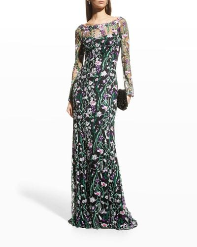 Tadashi Shoji Floral Embroidered Long-sleeve Gown - Green