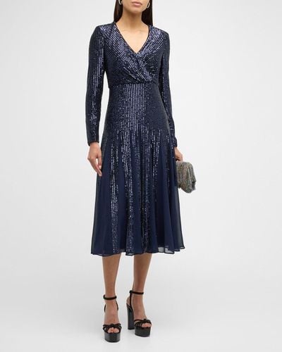 Badgley Mischka Long-Sleeve Sequin Godet Midi Dress - Blue