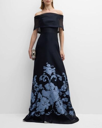 Lela Rose Deedie Floral Jacquard Off-The-Shoulder Gown - Blue