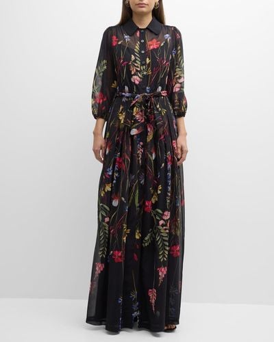 Teri Jon Blouson-Sleeve Floral-Print Chiffon Shirt Gown - Black