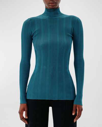 Another Tomorrow Variegated Rib High-Neck Top - Blue
