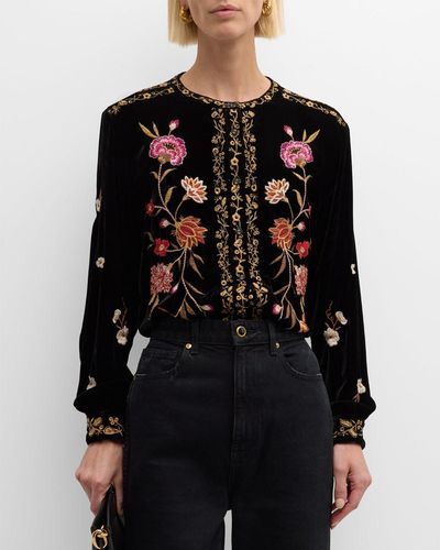 Johnny Was Quinn Floral-embroidered Velvet Shirt - Black