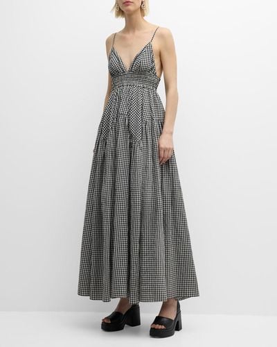 Rosetta Getty Gingham Gathered Peplum Maxi Camisole Dress - Gray