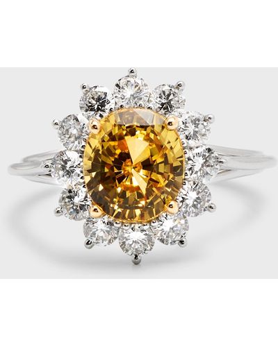 NM Estate Estate Platinum And 18k Gold Yellow Sapphire Ring With Diamond Halo, Size 6.75 - White