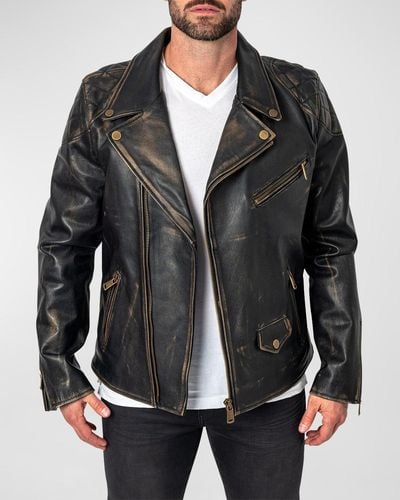 Maceoo Destroyed Leather Moto Jacket - Black
