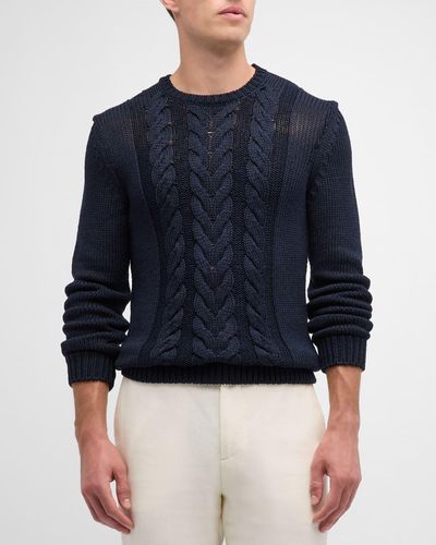 Isaia Silk-Cotton Cable Knit Crewneck Sweater - Blue