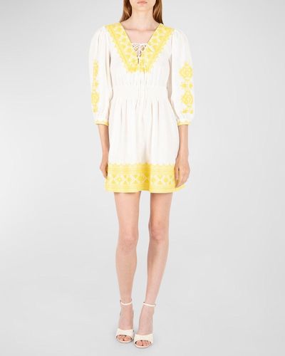 SECRET MISSION Gina Embroidered Linen Front-Tie Mini Dress - Yellow