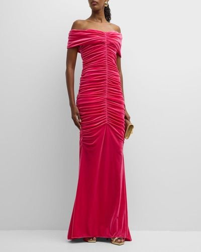 Monique Lhuillier Off-The-Shoulder Ruched Velour Gown - Red