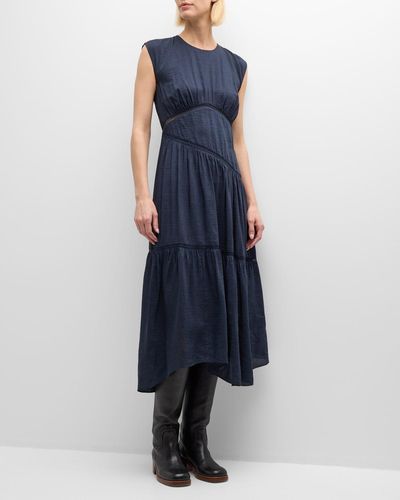 FRAME Gathered Seam Lace Inset Midi Dress - Blue