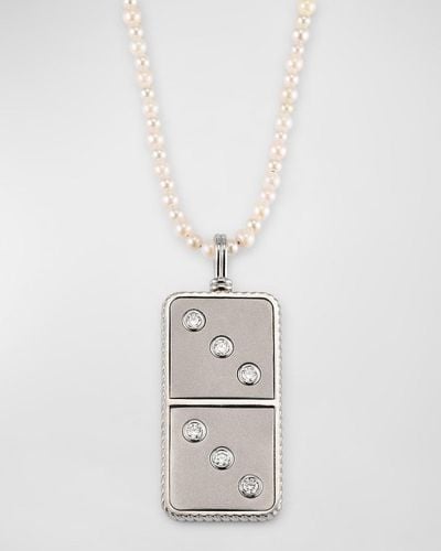 Retrouvai Platinum And Diamond Domino Pendant On Akoya Pearl Necklace, 30"L - White