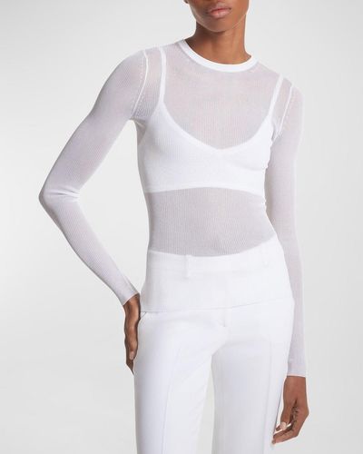 Michael Kors Hutton Long-Sleeve Sheer Rib Knit Crewneck Sweater - White