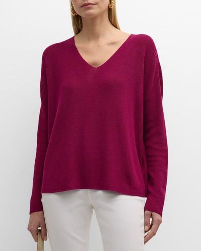 Eileen Fisher V-Neck Organic Cotton Crepe Pullover - Red
