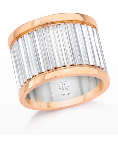 WALTERS FAITH Clive Sterling Silver Wide Fluted Band Ring With Rose Gold Rails Size 6 - White