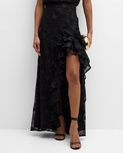 Emanuel Ungaro Bari High-low Ruffle Floral Lace Maxi Skirt - Black
