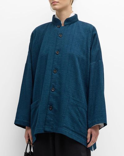 Eskandar Wide Mandarin Jacket (Long Length) - Blue