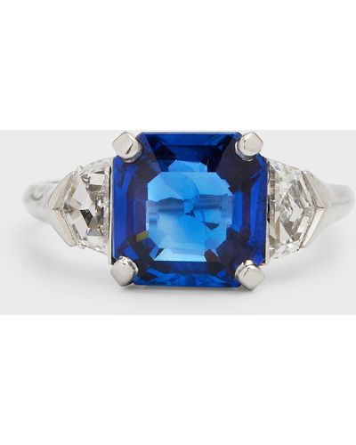 NM Estate Estate Platinum Square Burma Sapphire And Diamond Deco Ring, Size 5.5 - Blue