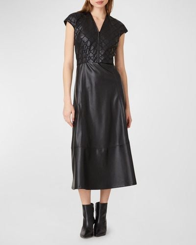 Shoshanna Belted Cap-Sleeve Faux Leather Midi Dress - Black