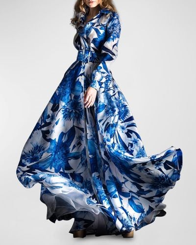 Naeem Khan Floral-Print Belted Trench Gown - Blue
