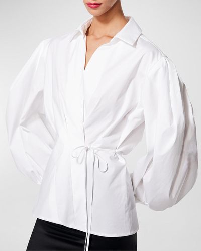 Carolina Herrera Collared Puff-Sleeve French-Cuff Wrap Top - White