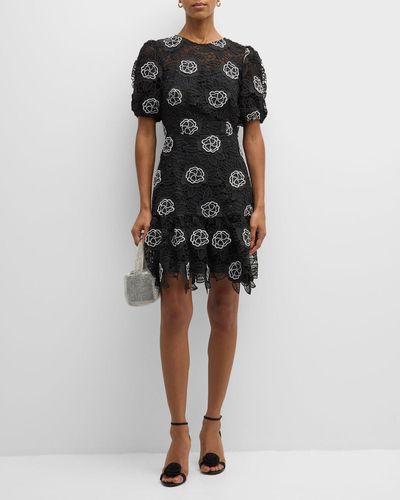 MILLY Yasmin Puff-Sleeve Floral Lace Mini Dress - Black