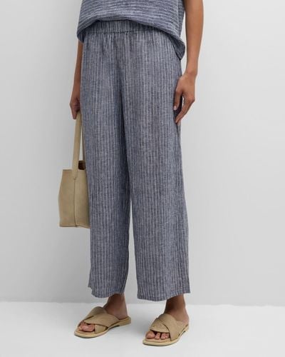 Eileen Fisher Cropped Wide-Leg Striped Organic Linen Pants - Blue
