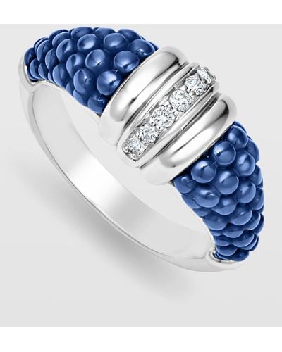 Lagos Sterling Silver White Caviar Ceramic Diamond 1-row Taper Ring - Blue