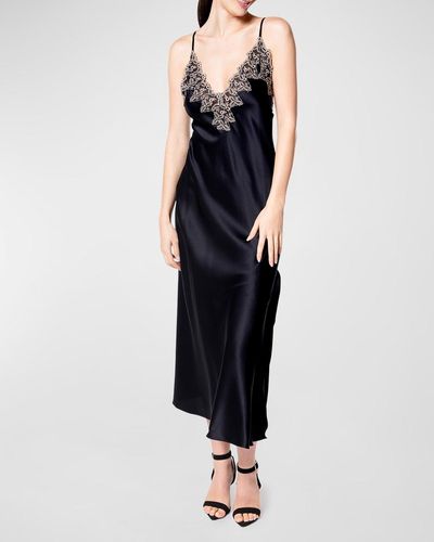 Christine Lingerie Diva Low-Back Lace-Trim Silk Nightgown - Black