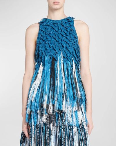 Bottega Veneta Sleeveless Fringe Empire-Waist Textured Knit Top - Blue