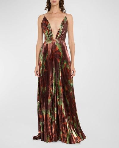 Johanna Ortiz Western Gardens Pleated Silk Maxi Dress - Brown