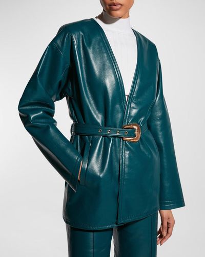 AS by DF Jasper Belted Recycled Leather Coat - Blue