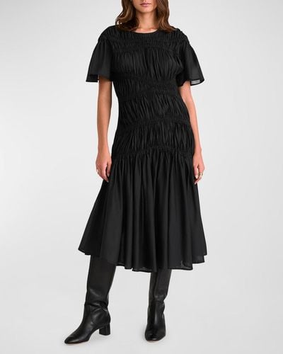 Merlette Seraphine Crinkled Flutter-Sleeve Midi Dress - Black