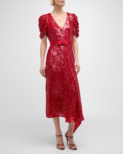 Erdem Sequined Short-Sleeve Bow-Waist Asymmetric Midi Dress - Red