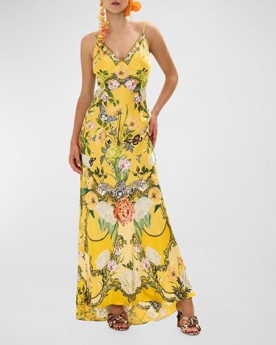 Camilla Floral Silk Long Bias Slip Dress With Train - Yellow